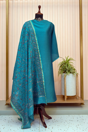Peacock Blue Chanderi with Kantha Dupatta Suit Set