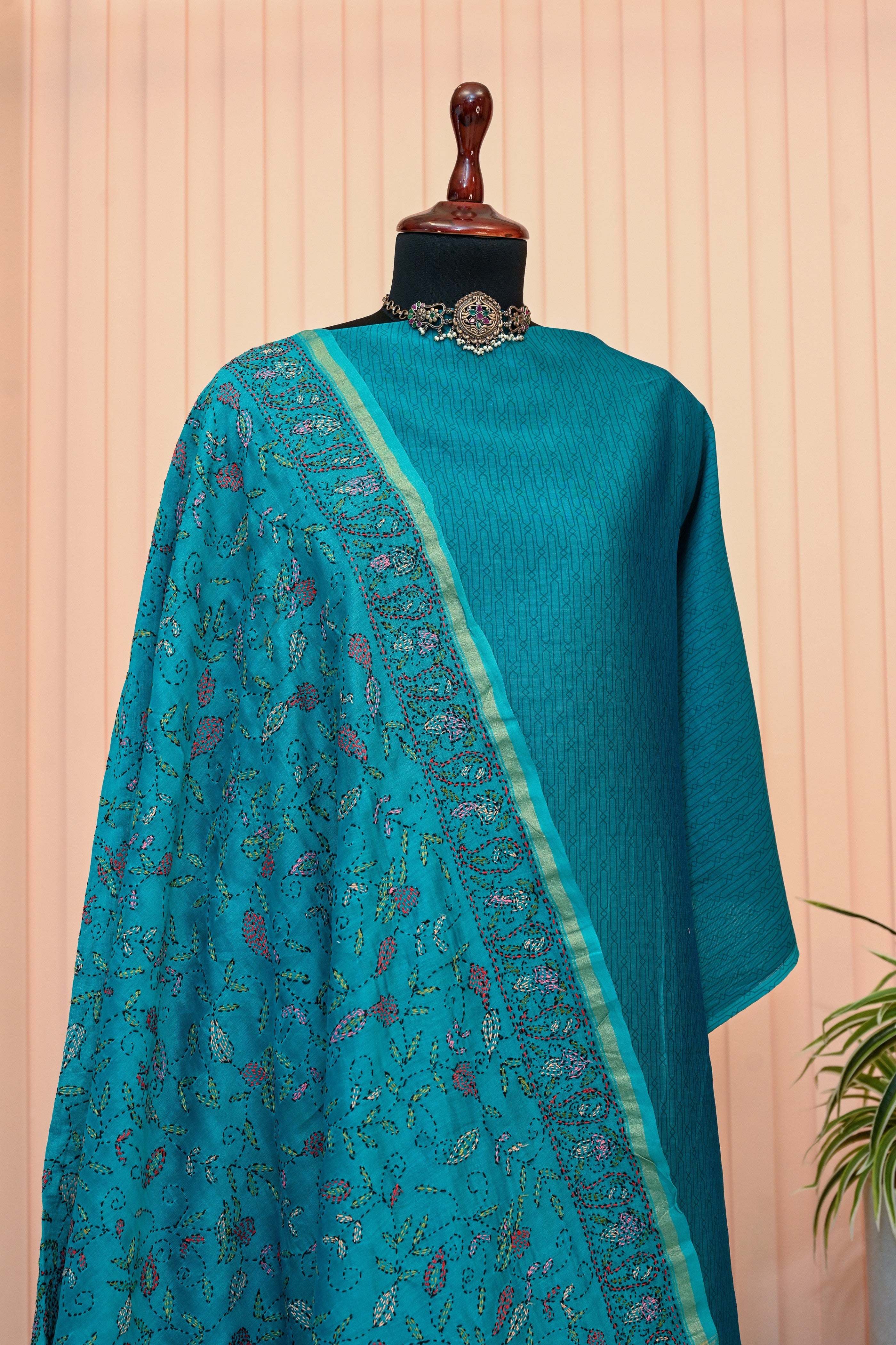 Peacock Blue Chanderi with Kantha Dupatta Suit Set
