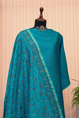 Peacock Blue Chanderi with Kantha Dupatta Suit Set