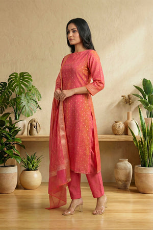 Coral Pink Cotton Chanderi Unstitched Suit Set