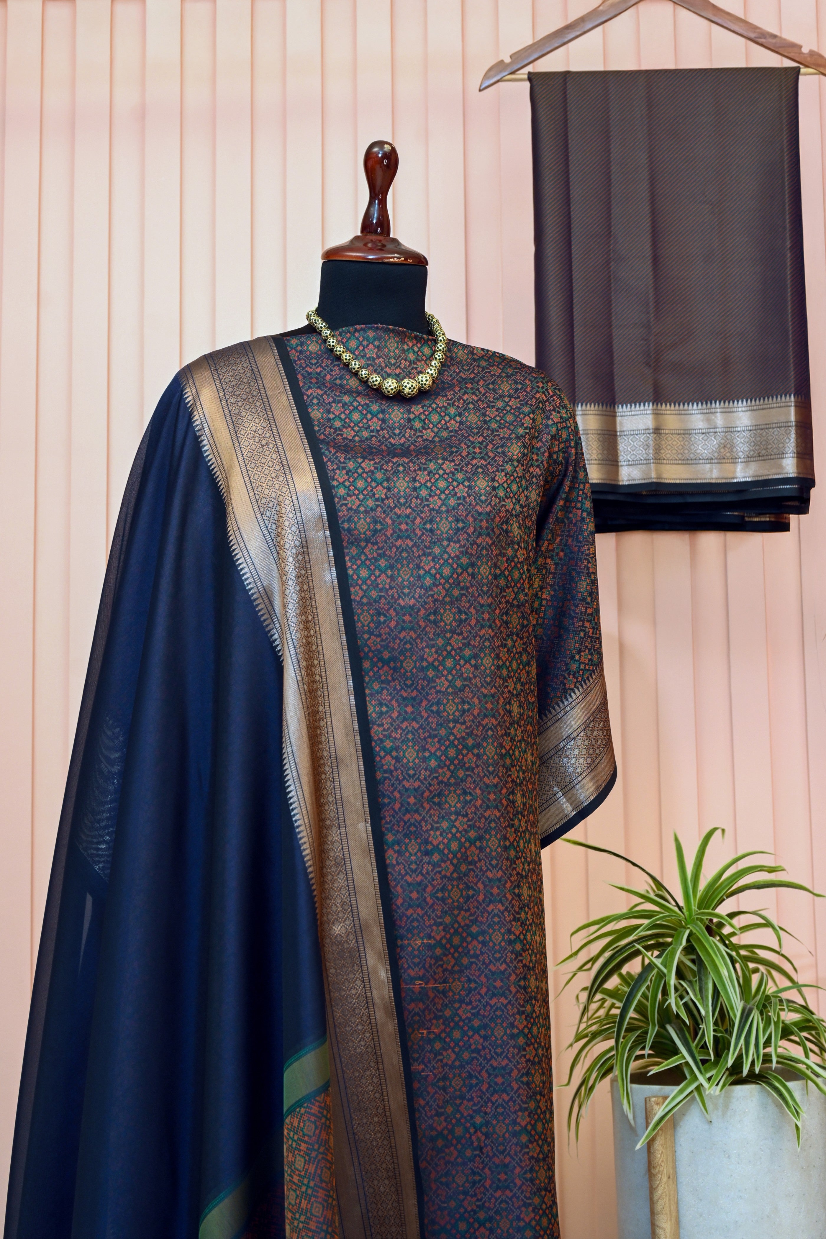 Navy Blue Tanchoi Silk Suit Set