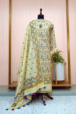 Beige Cotton Chanderi Resham Weave Suit Set