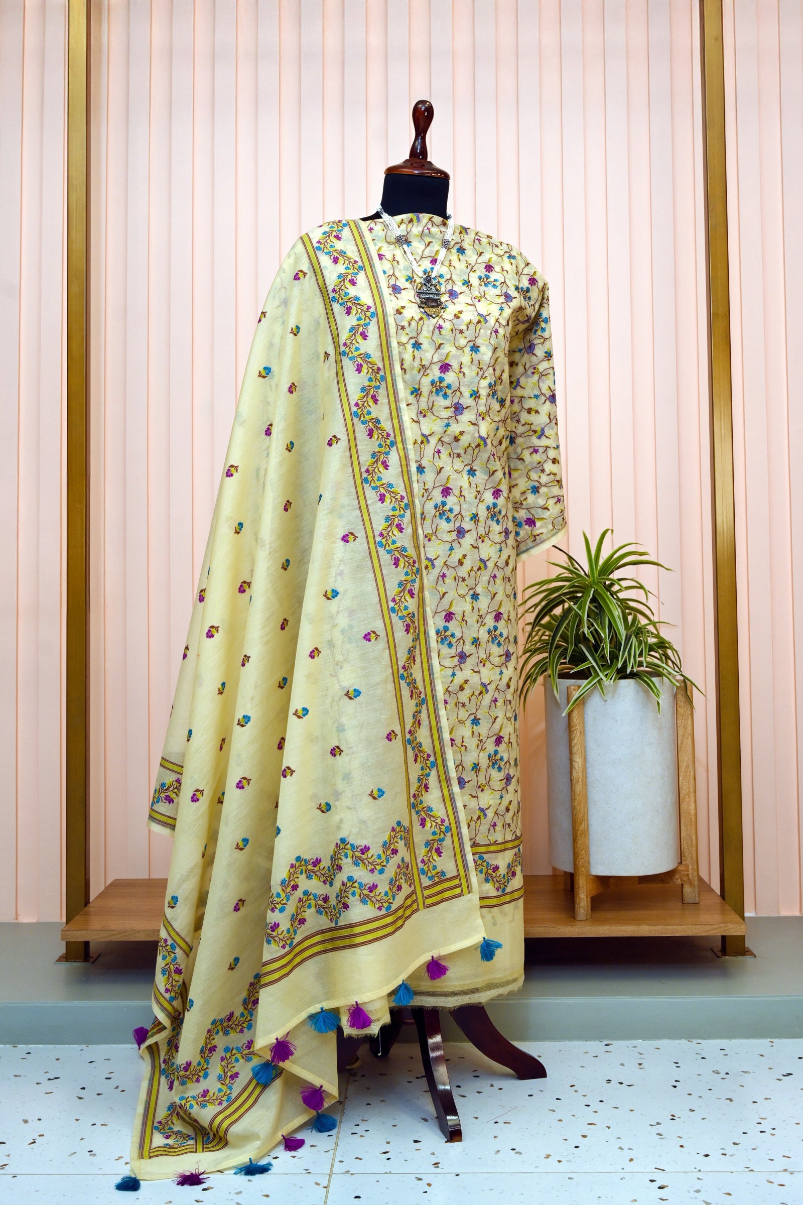 Beige Cotton Chanderi Resham Weave Suit Set