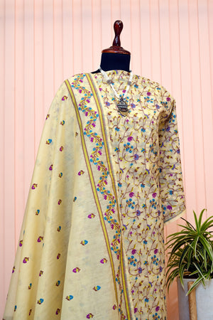Beige Cotton Chanderi Resham Weave Suit Set
