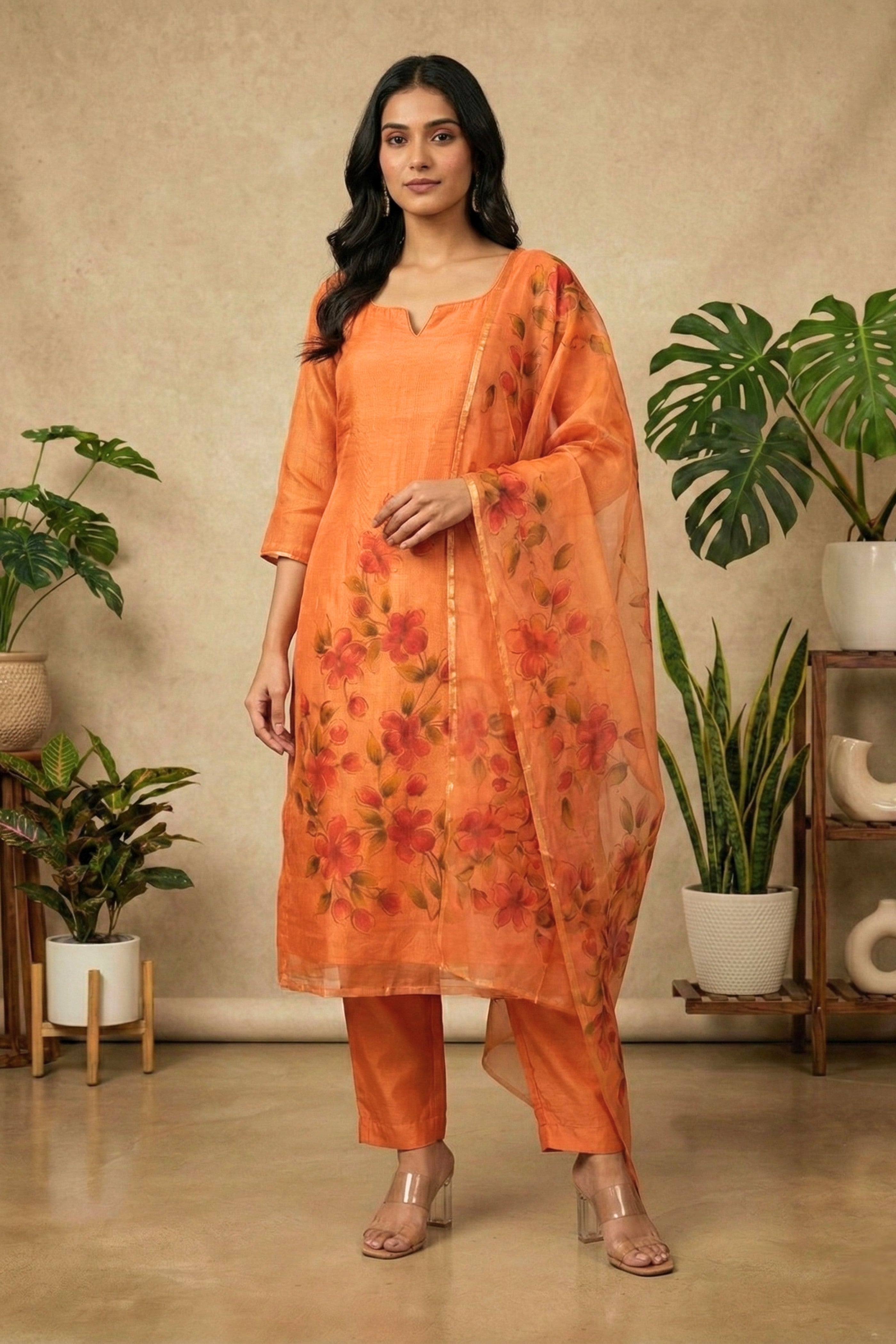 Sunset Orange Hand-Painted Floral Organza Suit Set