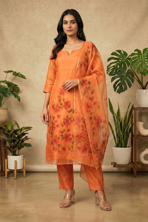 Sunset Orange Hand-Painted Floral Organza Suit Set