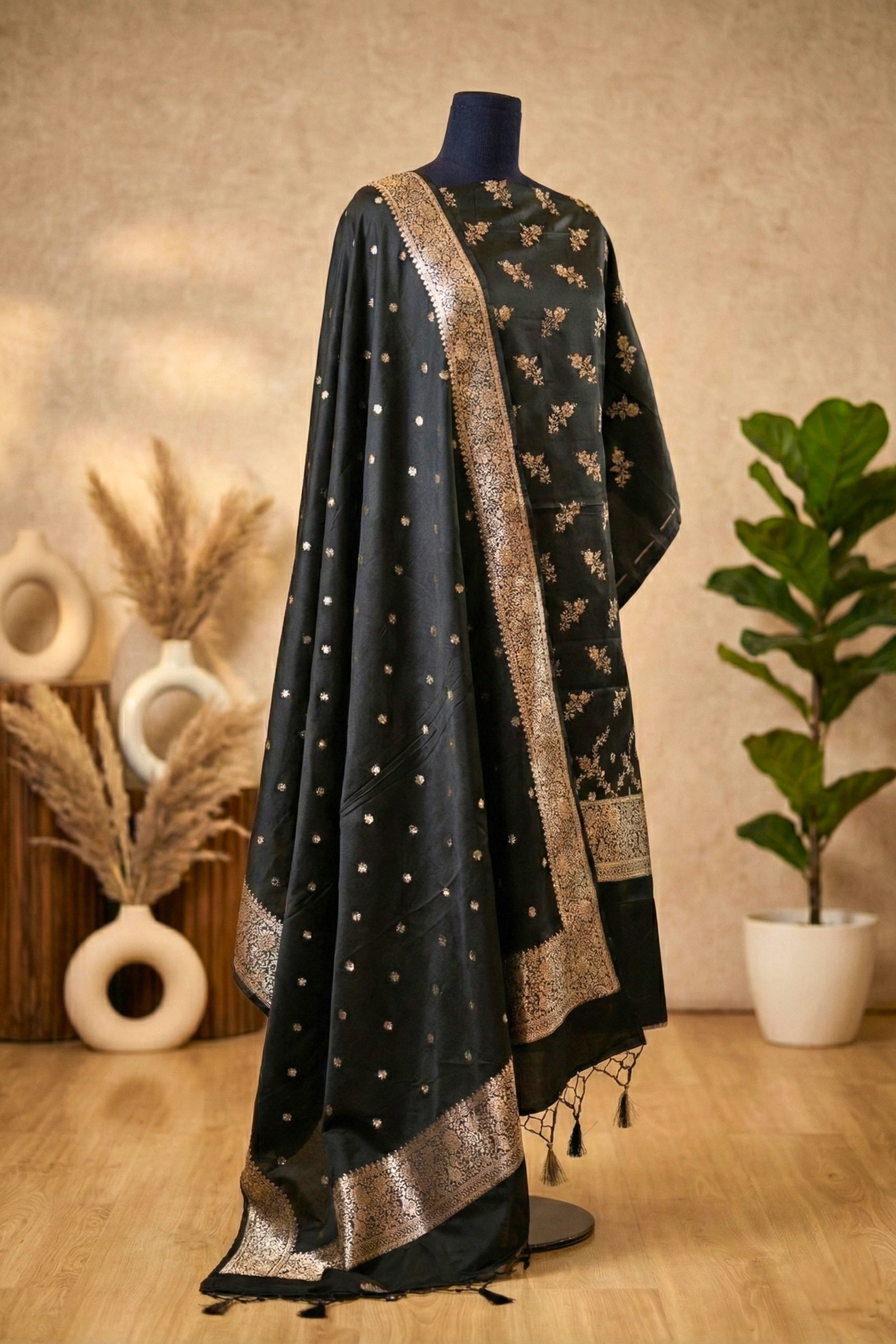Jet Black Banarasi Semi-Silk Unstitched Suit Set
