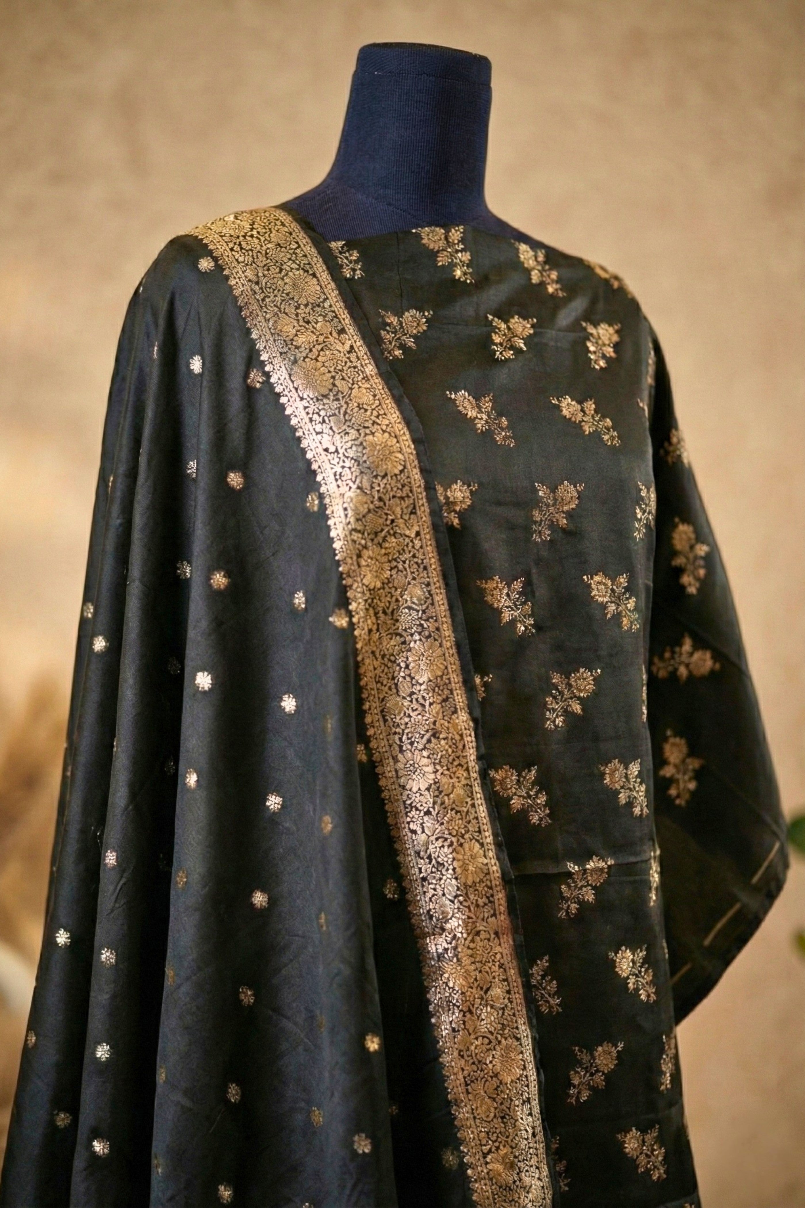 Jet Black Banarasi Semi-Silk Unstitched Suit Set