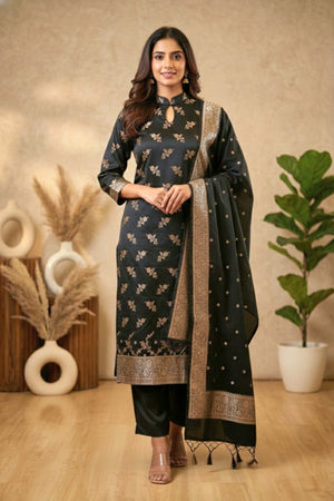 Jet Black Banarasi Semi-Silk Unstitched Suit Set