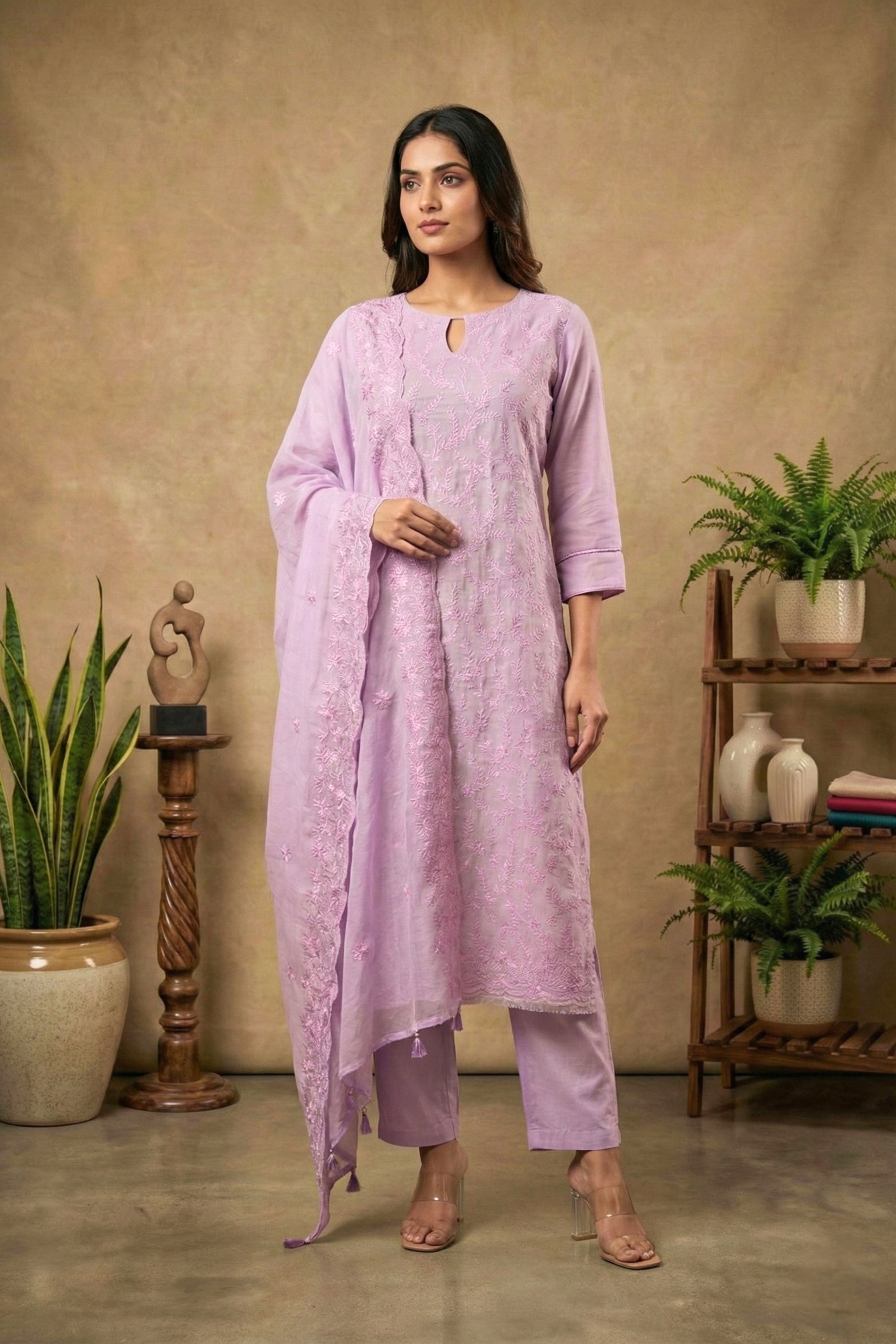Dreamy Lilac Mul Chanderi Unstitched Suit Set