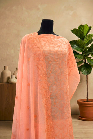 Soft Peach Mul Chanderi Unstitched Suit Set