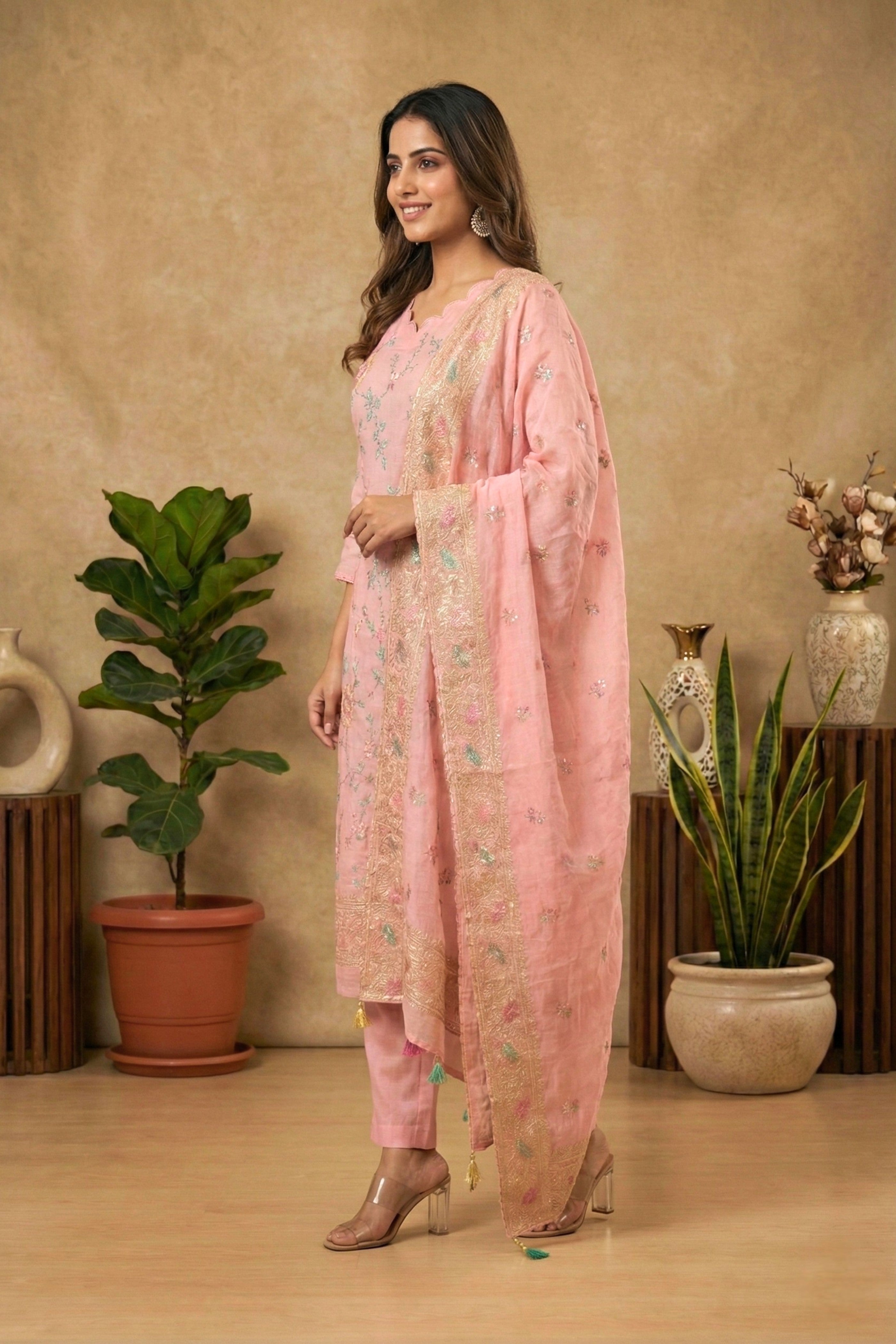 Blush Pink Mul Chanderi Unstitched Suit Set