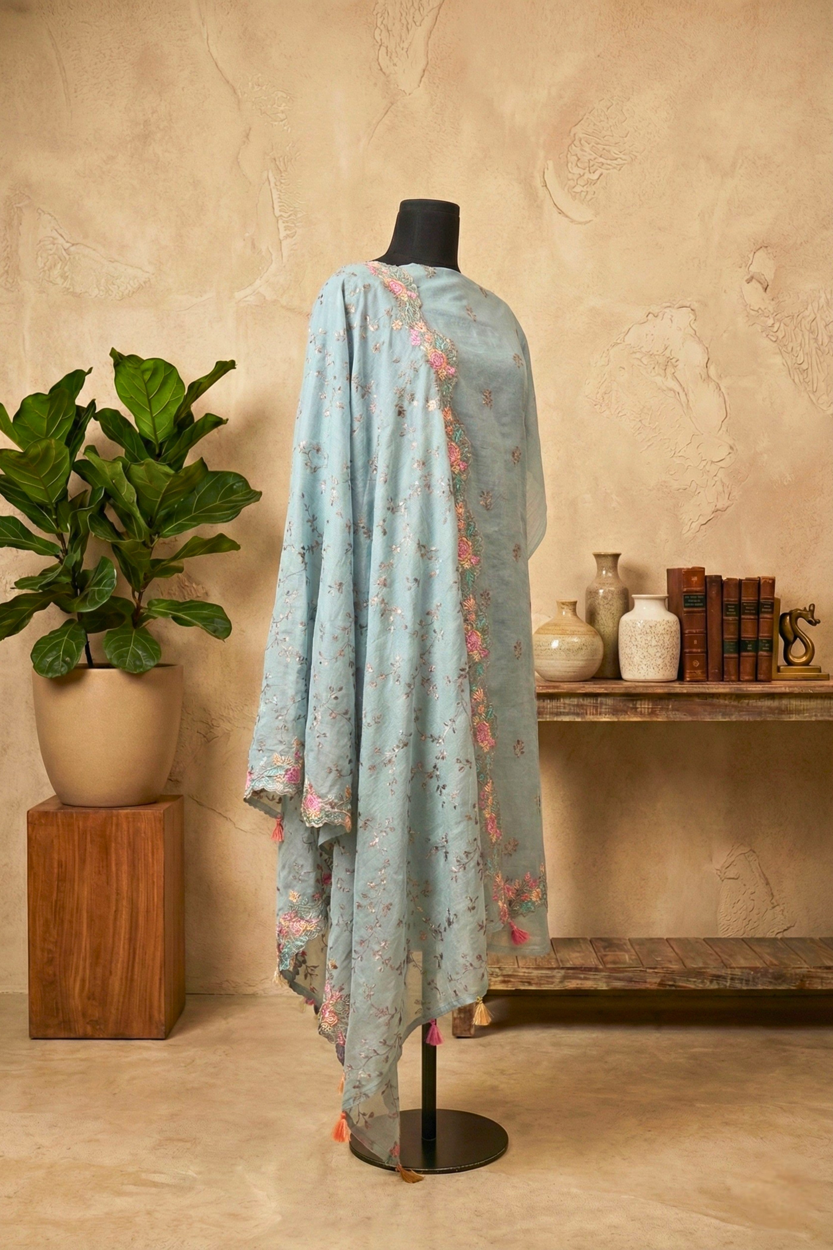 Soft Grey Mul Chanderi Unstitched Suit Set