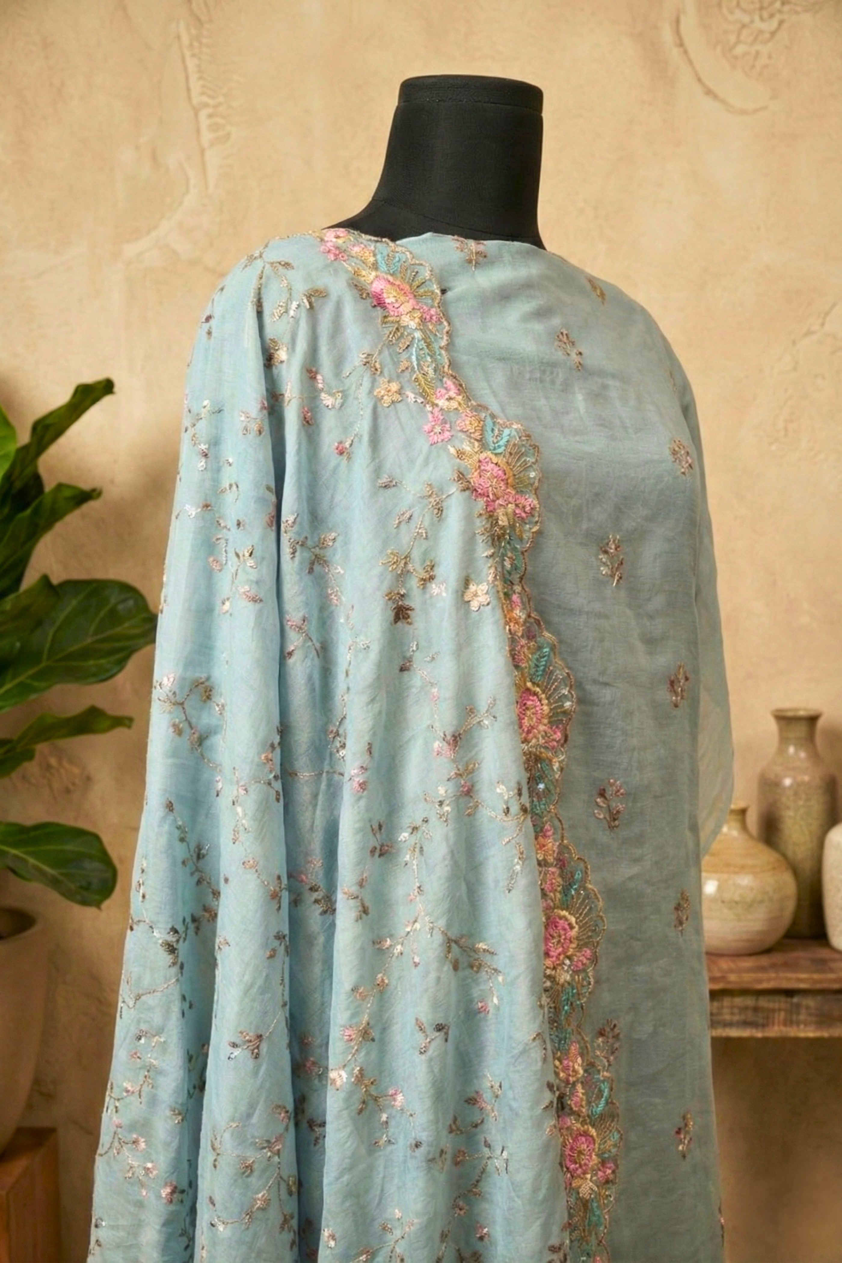 Soft Grey Mul Chanderi Unstitched Suit Set