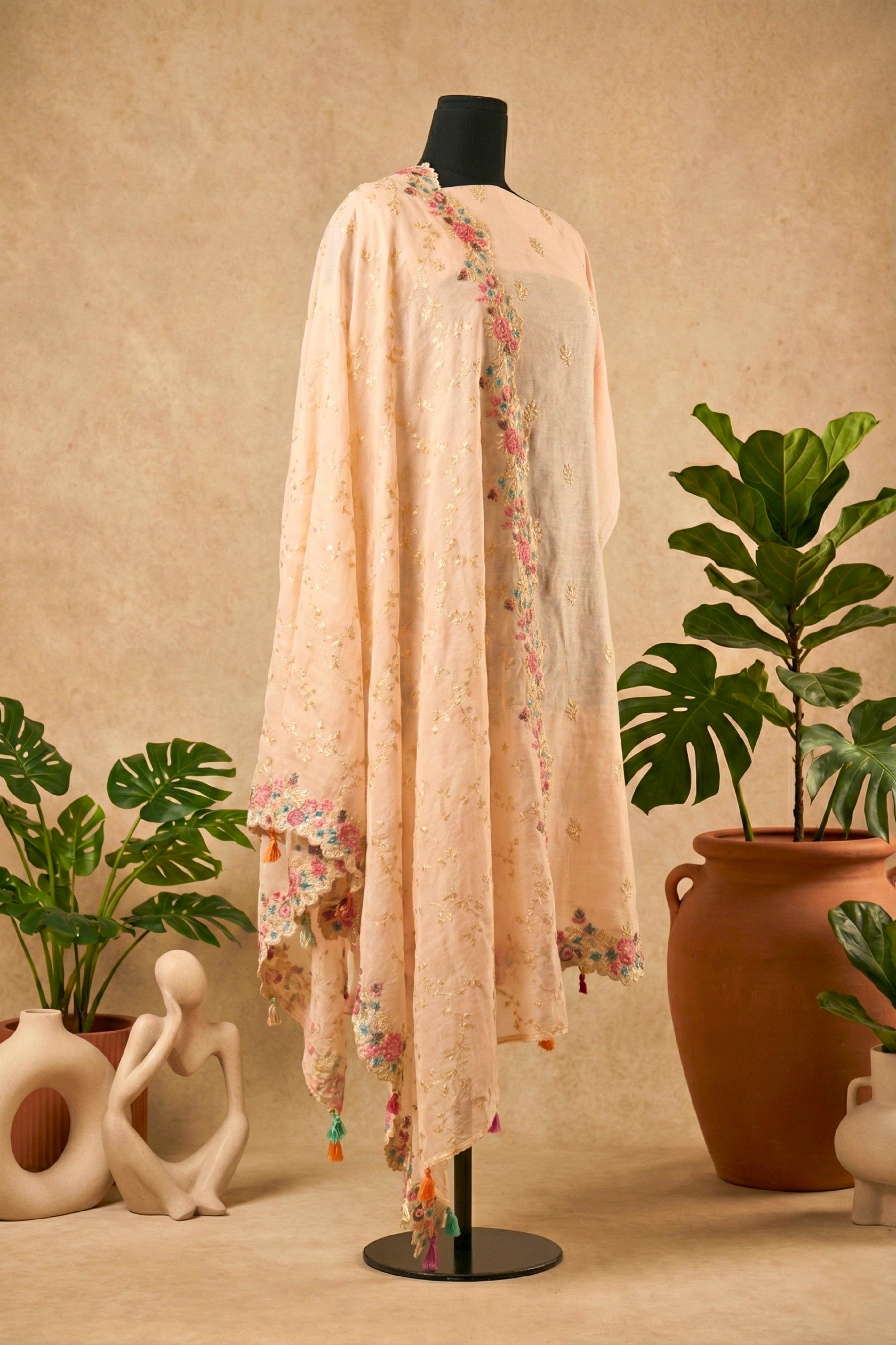 Blush Peach Mul Chanderi Unstitched Suit Set.