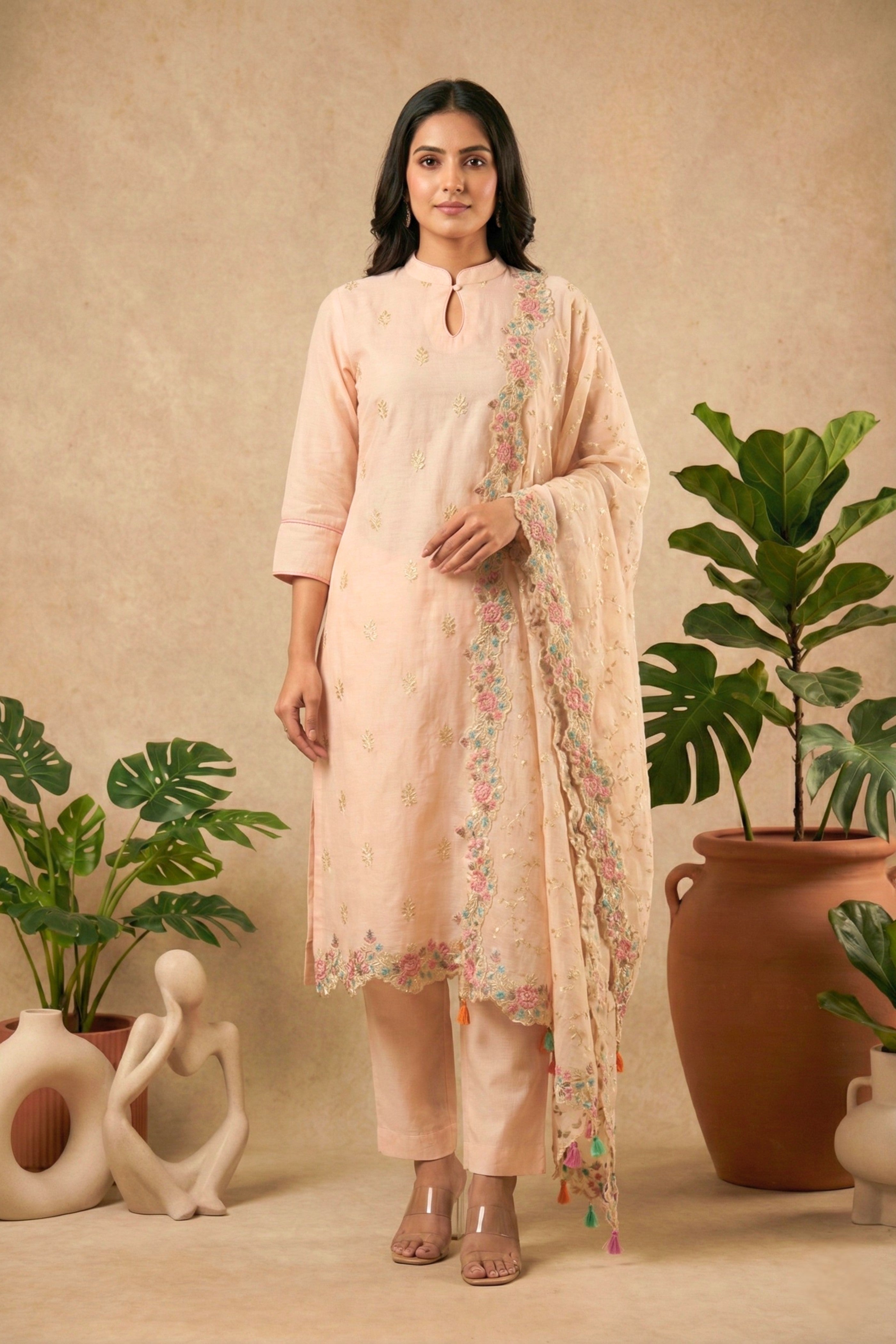 Blush Peach Mul Chanderi Unstitched Suit Set.