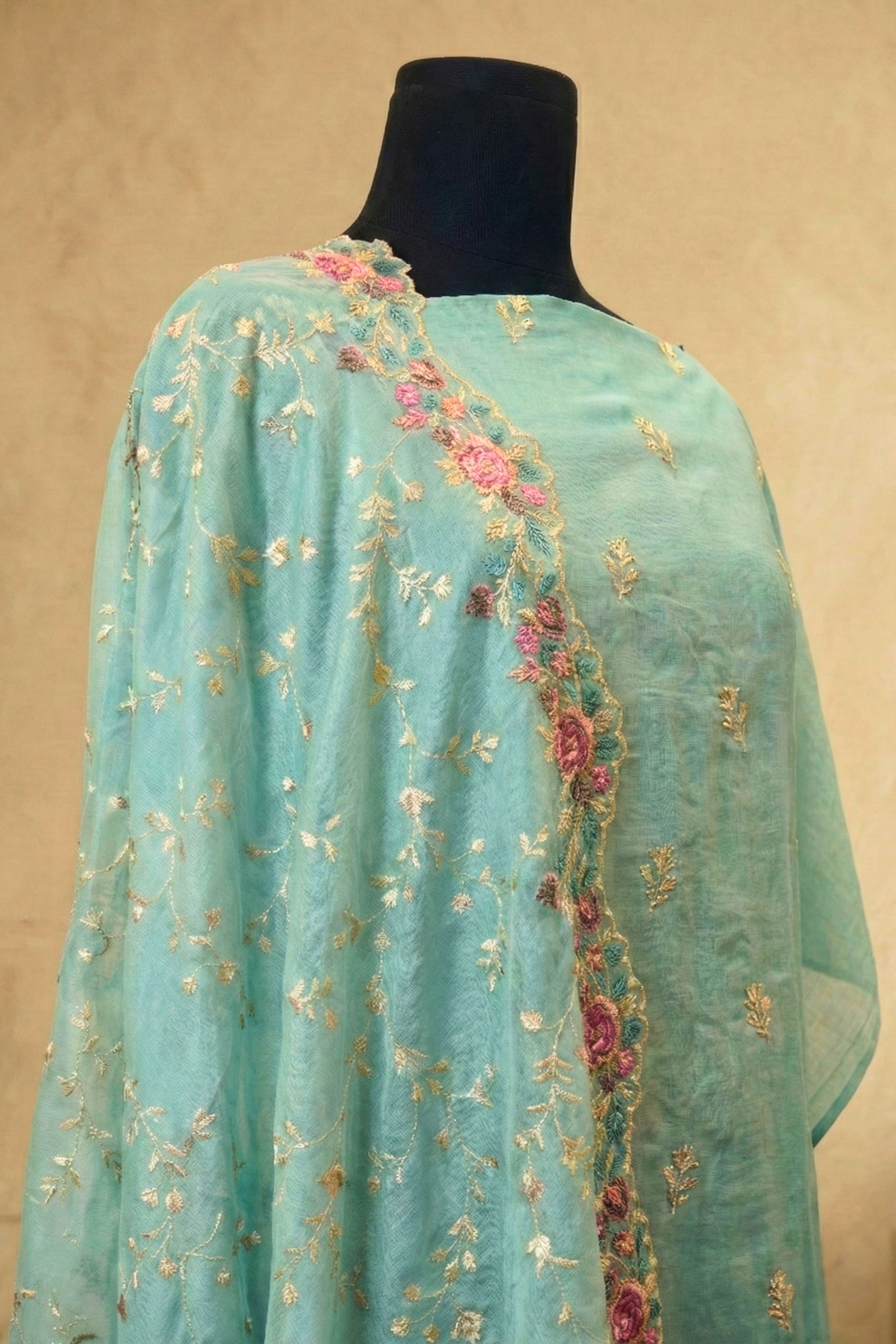 Sea Green Mul Chanderi Unstitched Suit Set