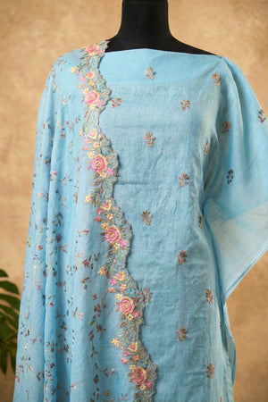 Powder Blue Mul Chanderi Unstitched Suit Set