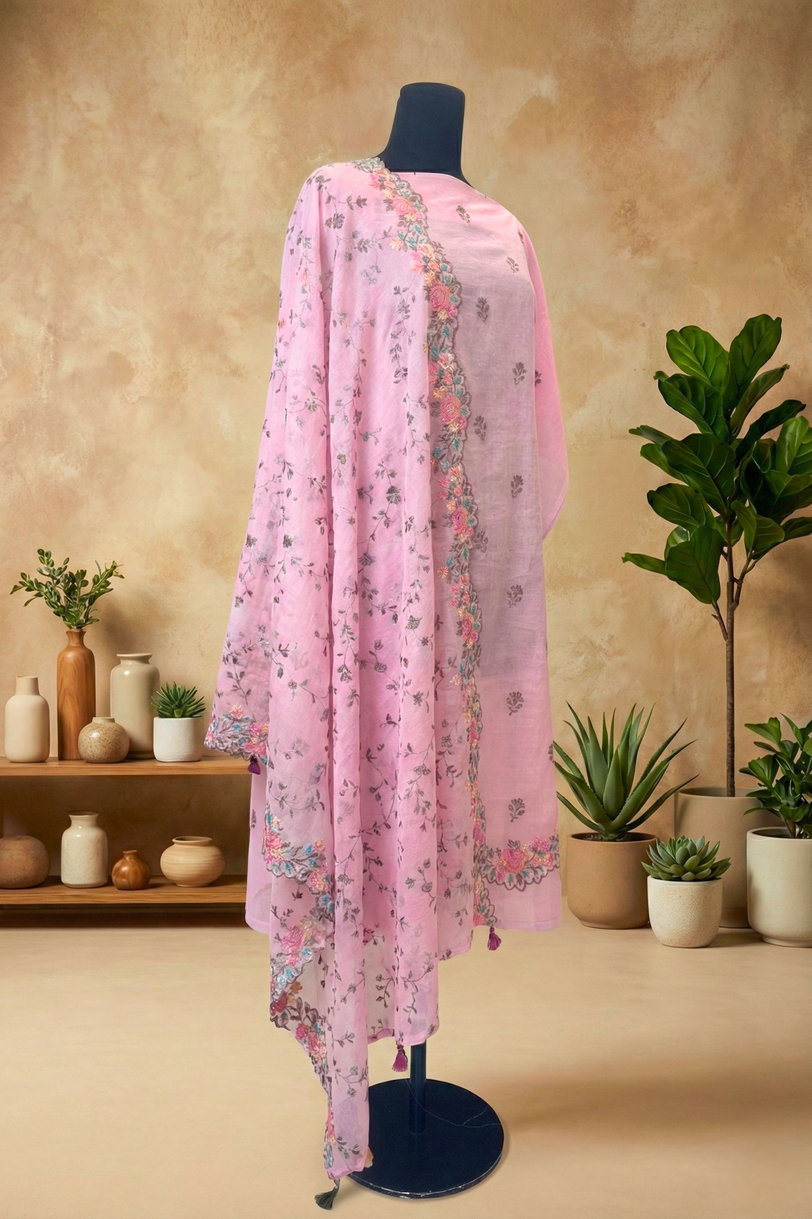Pastel Pink Mul Chanderi Unstitched Suit Set