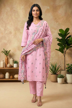 Pastel Pink Mul Chanderi Unstitched Suit Set