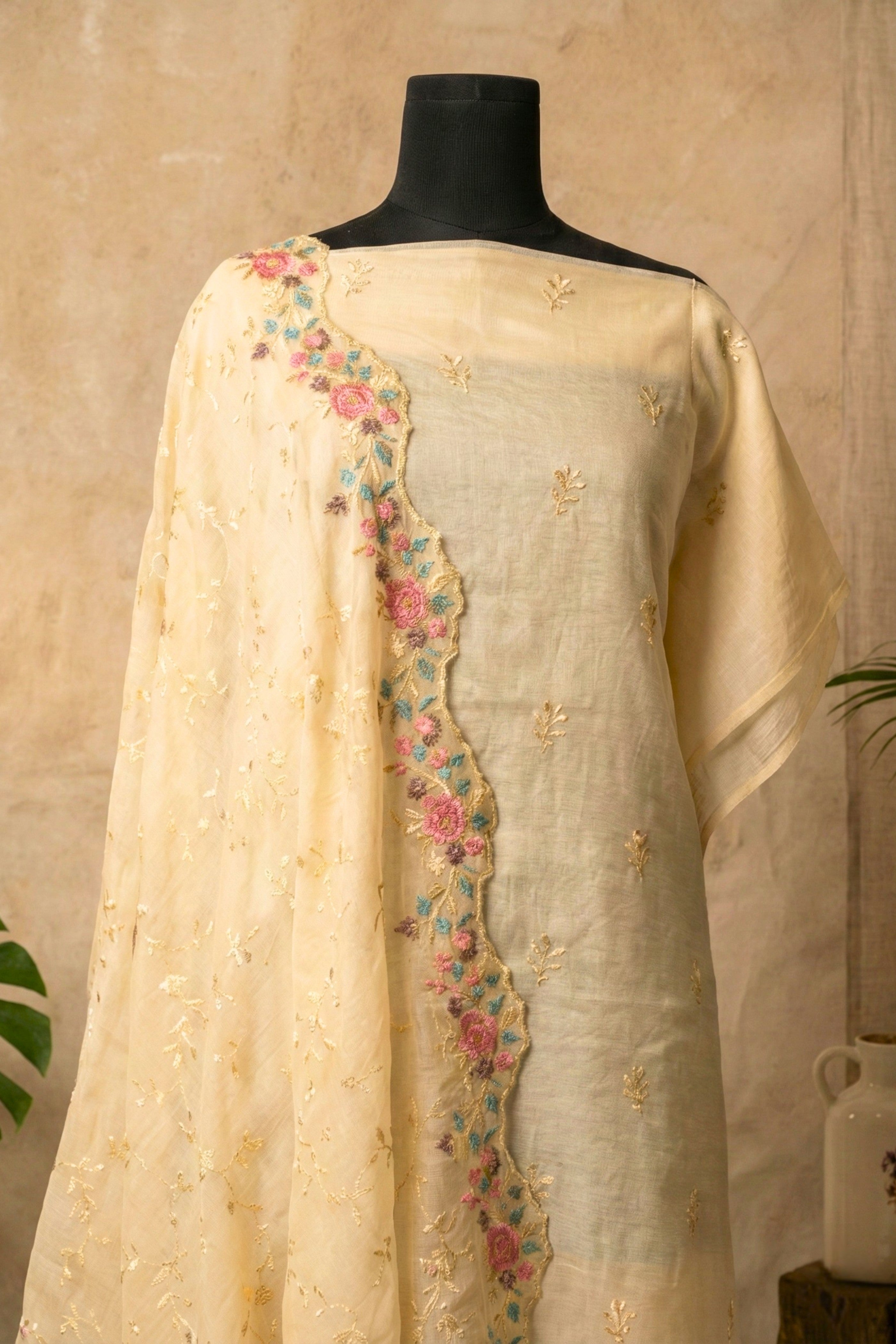 Cream Mul Chanderi Unstitched Suit Set
