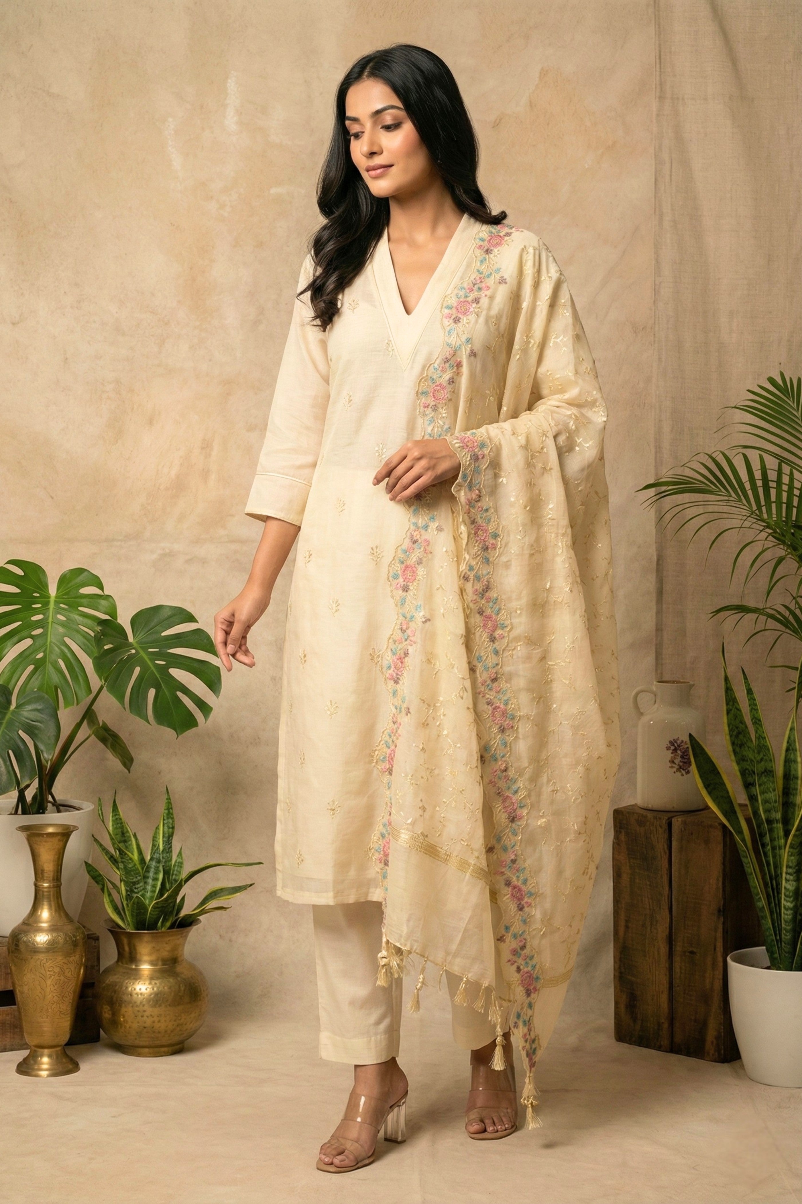 Cream Mul Chanderi Unstitched Suit Set