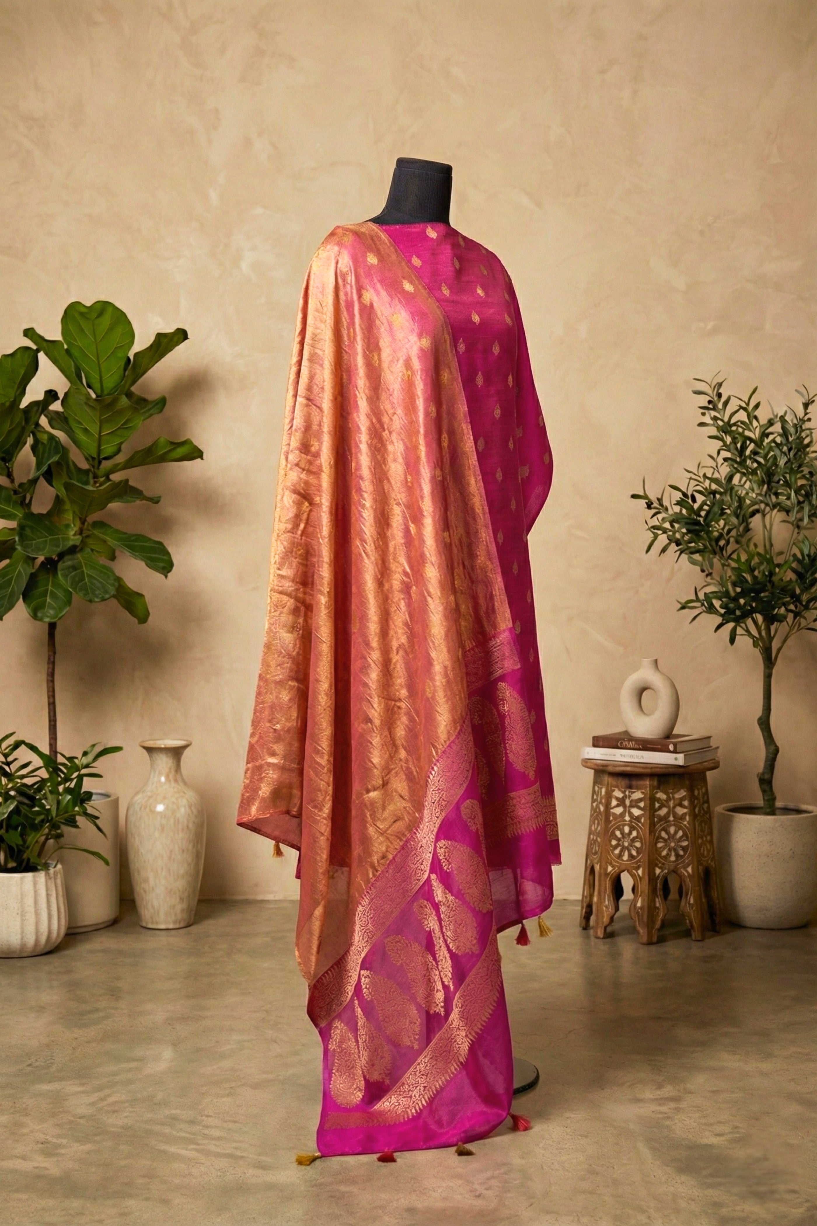 Vibrant Magenta Chiniya Silk Unstitched Suit Set with Rose Gold Tissue Dupatta