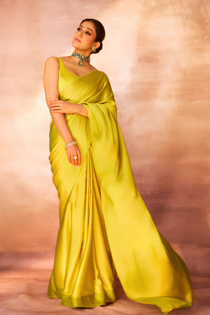 Celebrity-Inspired Luminous Lime Yellow Raw Mango Silk Saree