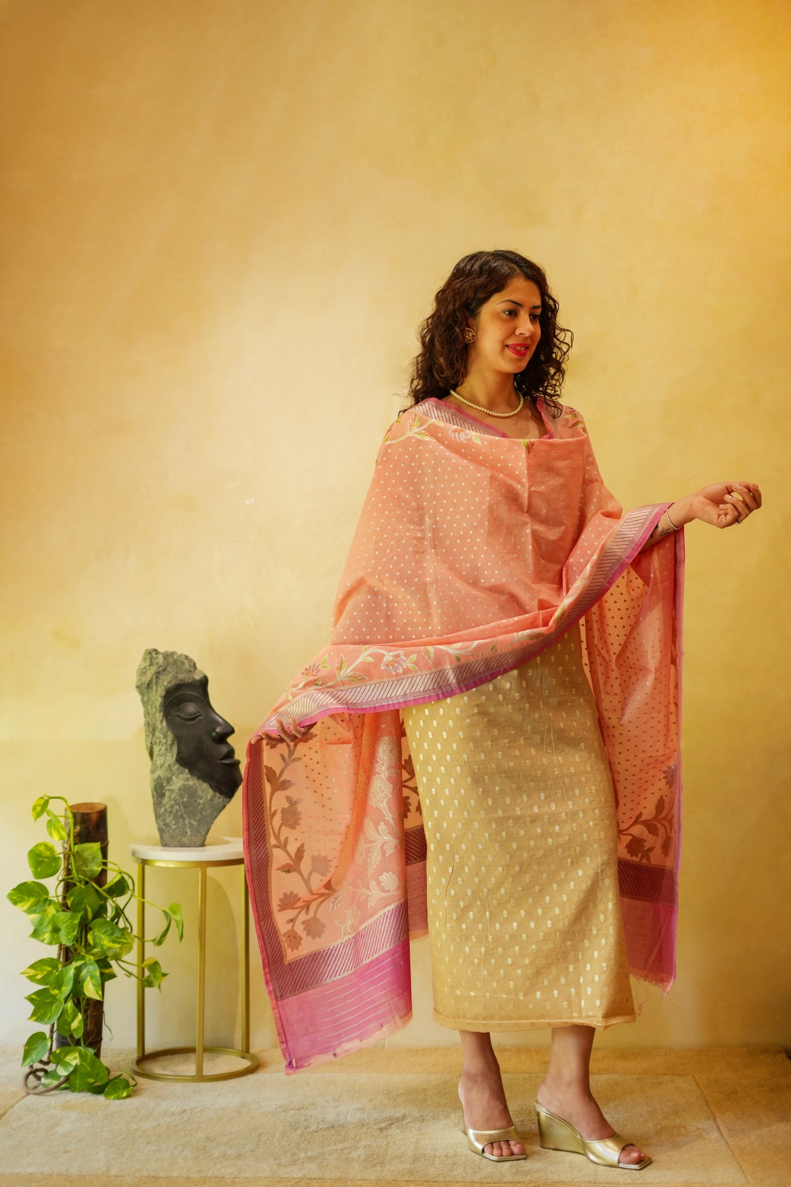 Beige and baby pink chanderi suit material