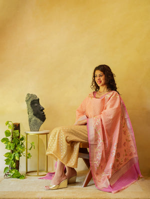 Beige and baby pink chanderi suit material