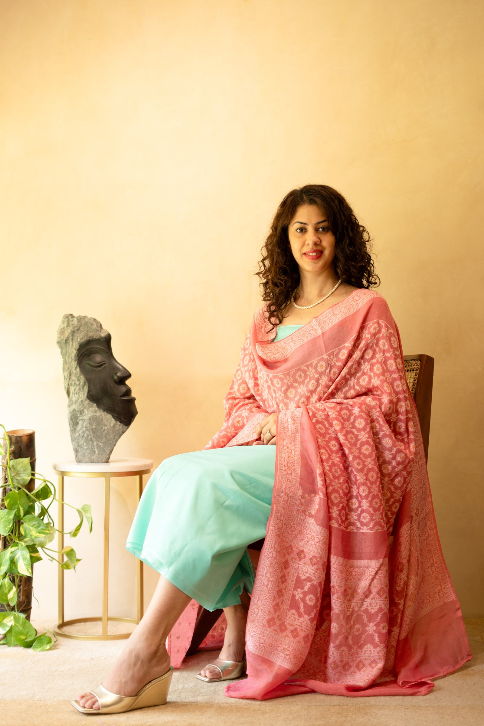 Light blue silk suit material with blush pink Banarasi chiffon dupatta