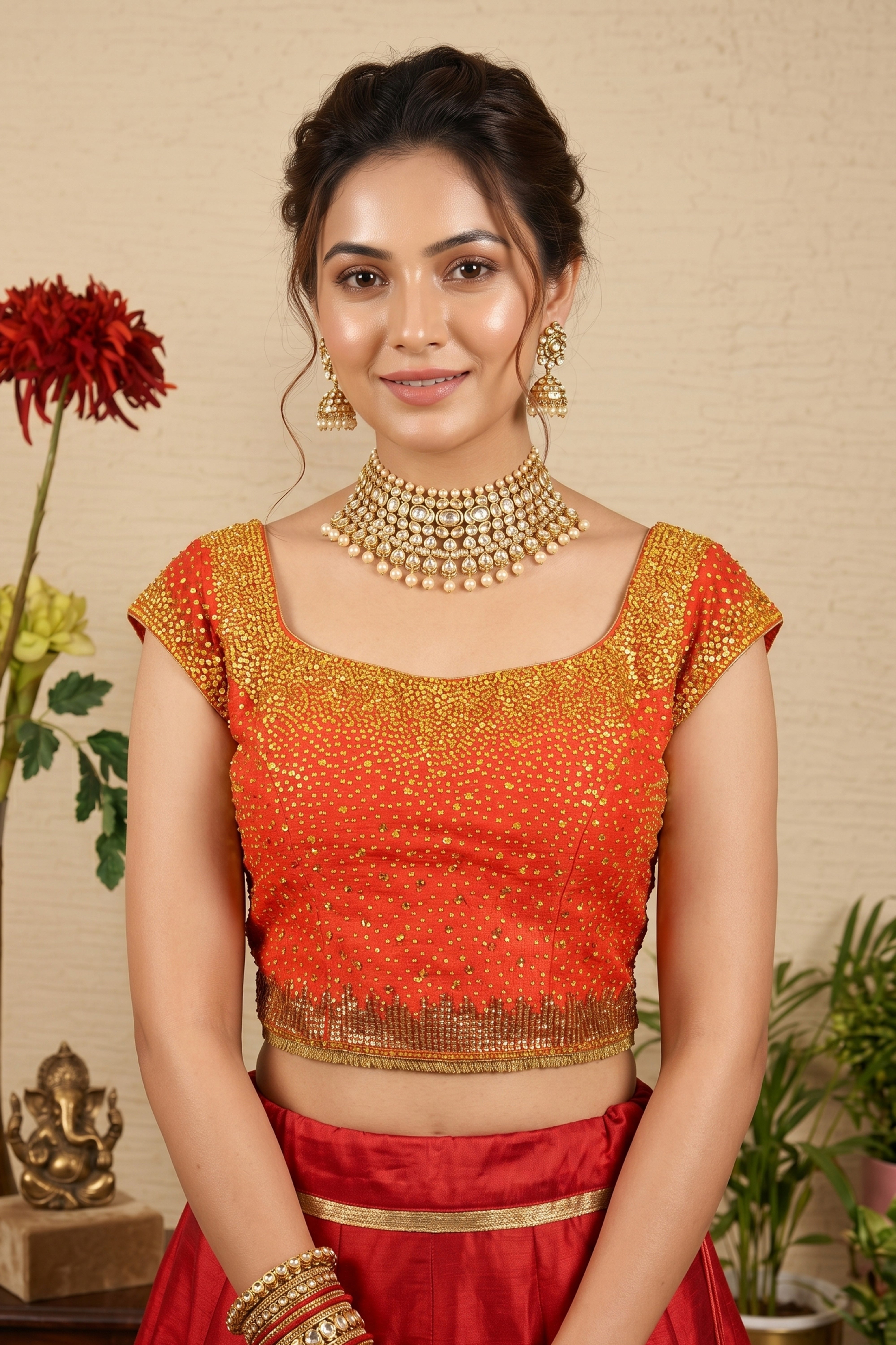 Radiant Coral Orange Banarasi Silk Blouse with Heavy Golden Sequin & Beadwork
