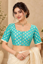 Turquoise Blue & Gold Woven Banarasi Silk Designer Blouse