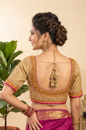 Opulent Golden Plissé Blouse with Jewel Embellishments