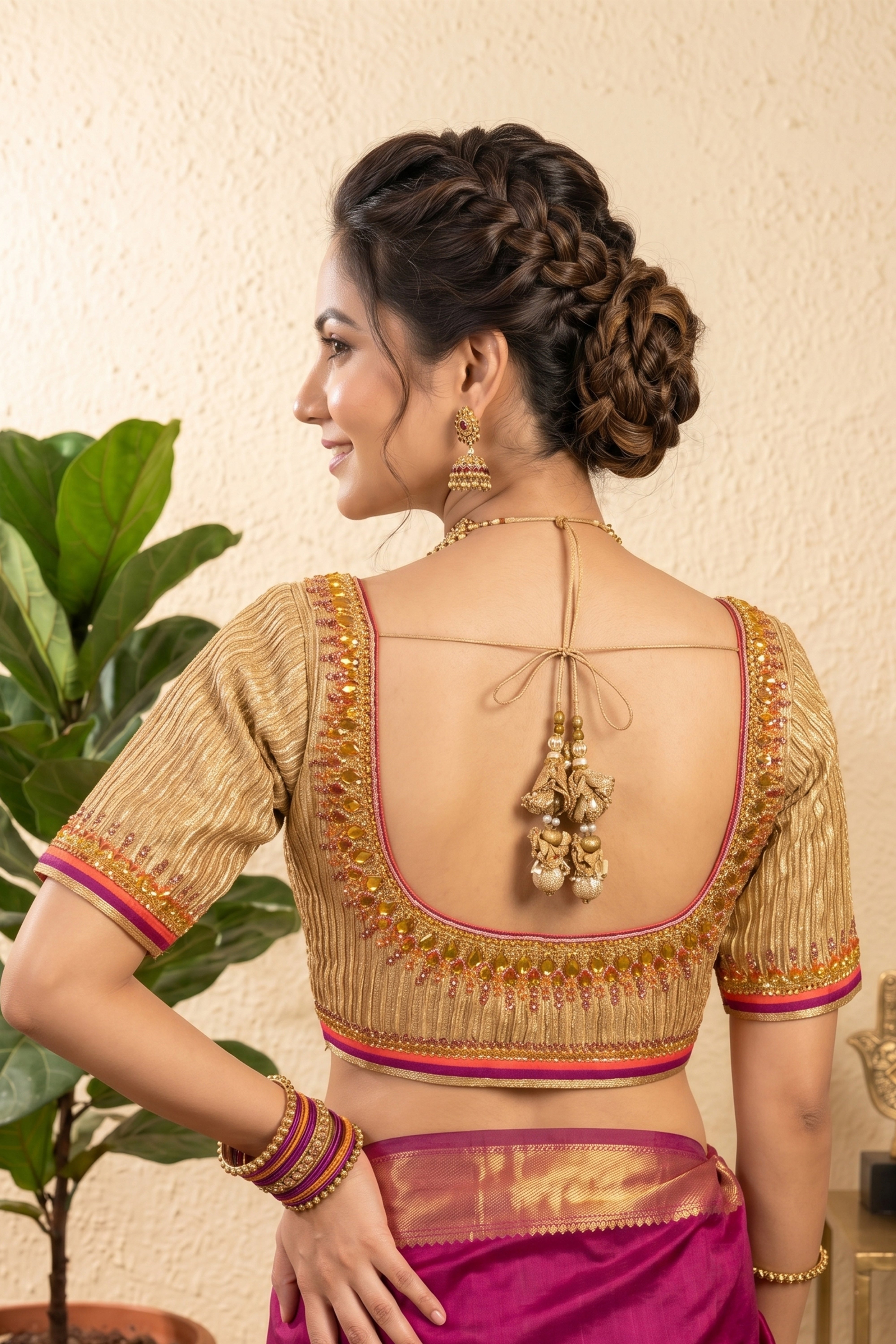 Opulent Golden Plissé Blouse with Jewel Embellishments