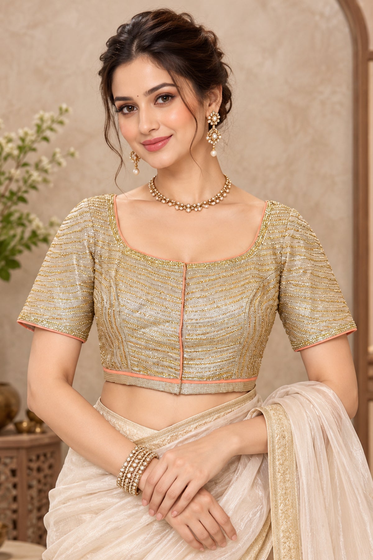 Gold & Silver Metallic Woven Designer Blouse with Peach Piping