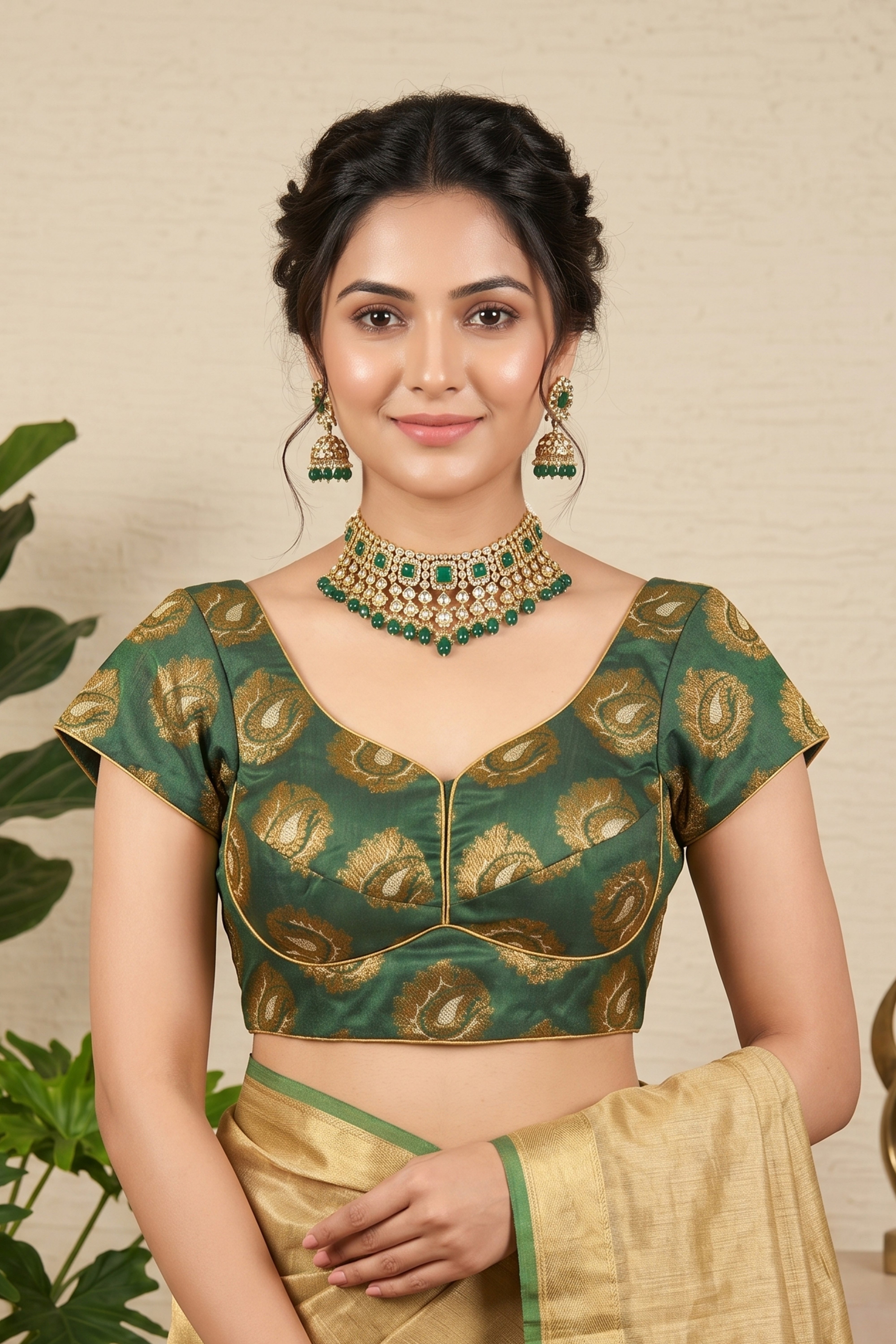Regal Forest Green Banarasi Silk Blouse with Golden Paisley Motifs