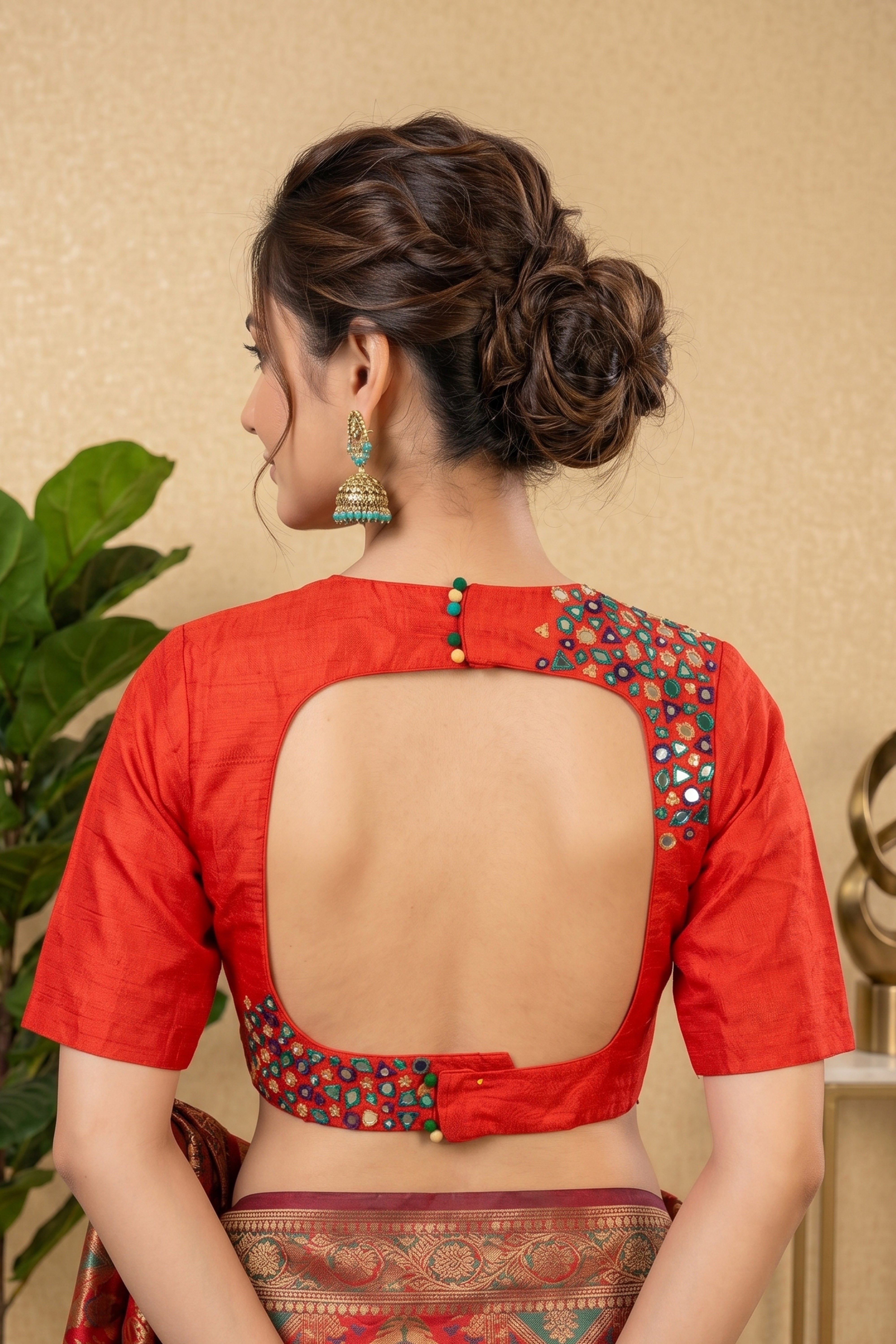 Vibrant Red Raw Silk Blouse with Asymmetrical Mirror Work