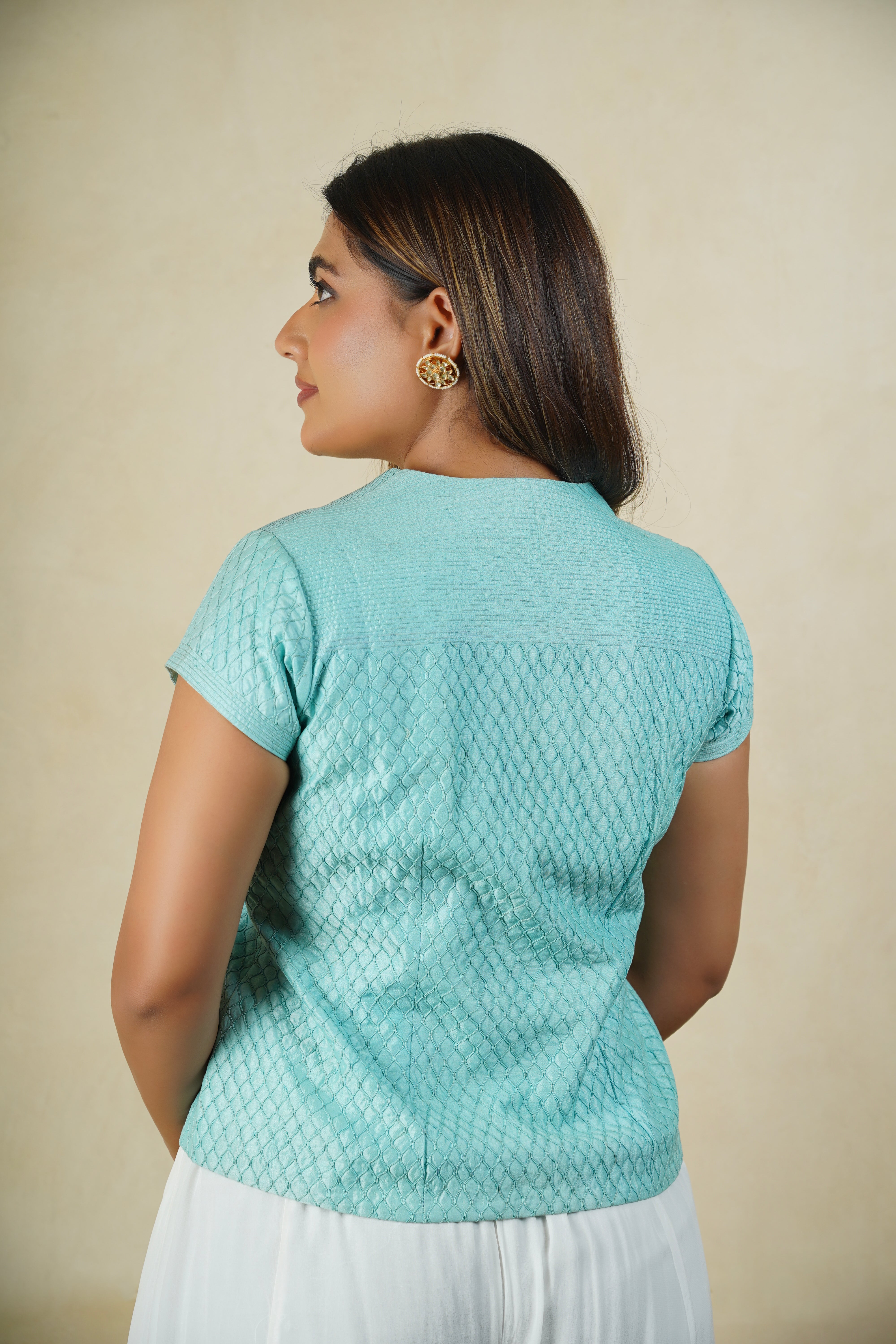Textured Aqua Blue Jacket-Style Top with Flared White Palazzos