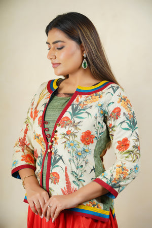 Eclectic Floral Printed Jacket Set with Red Draped Cowl Bottoms