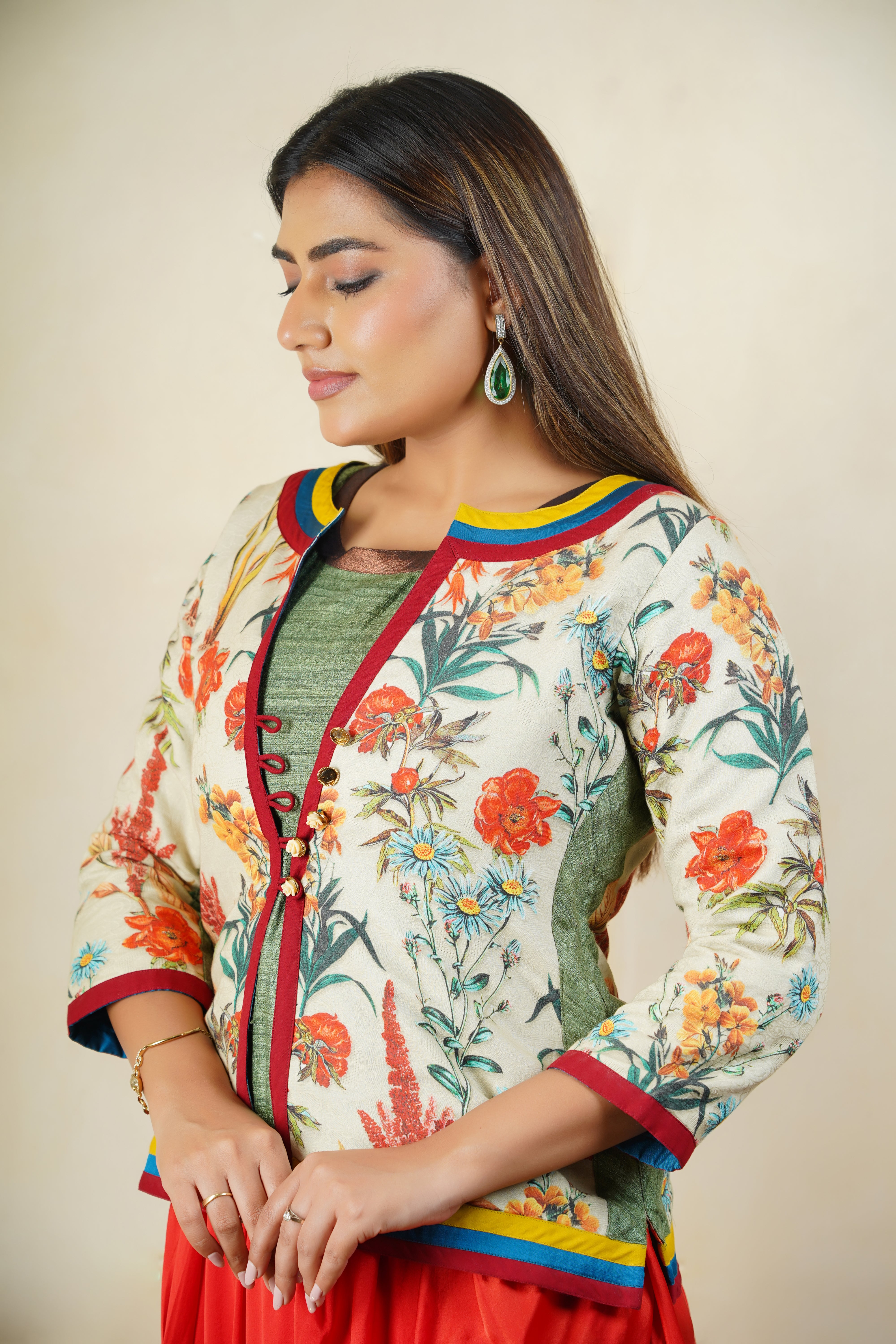 Eclectic Floral Printed Jacket Set with Red Draped Cowl Bottoms