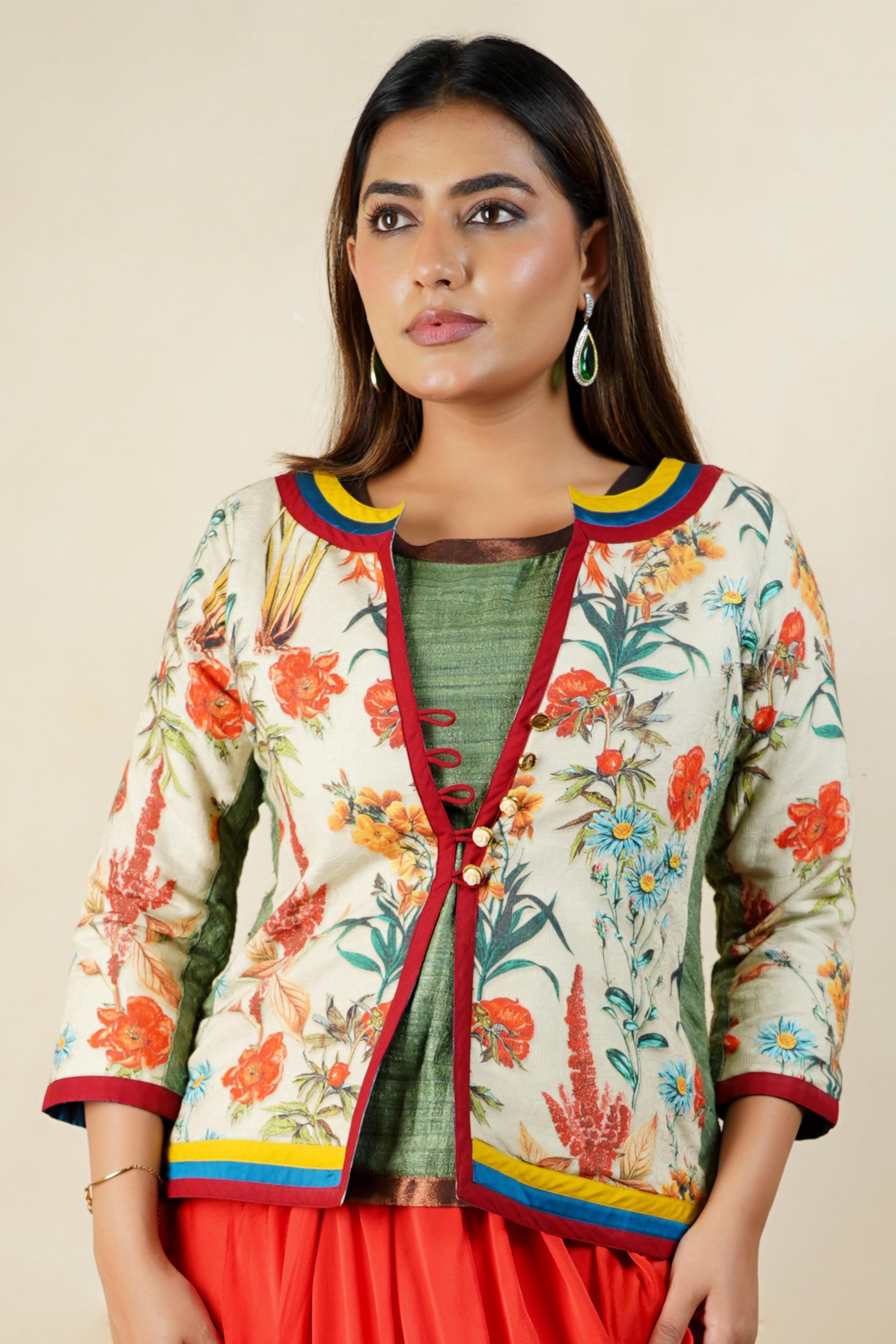 Botanical Print Chanderi Jacket Blouse with Olive Tussar Silk Inner
