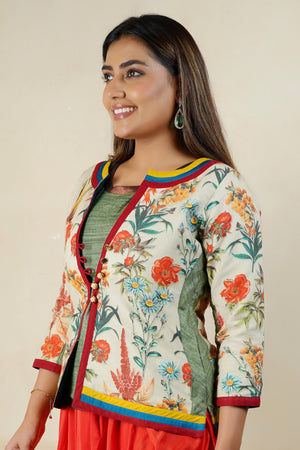 Botanical Print Chanderi Jacket Blouse with Olive Tussar Silk Inner