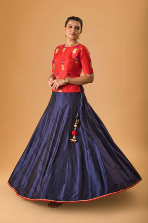 Crimson Red Silk Blouse & Navy Blue Lehenga Set