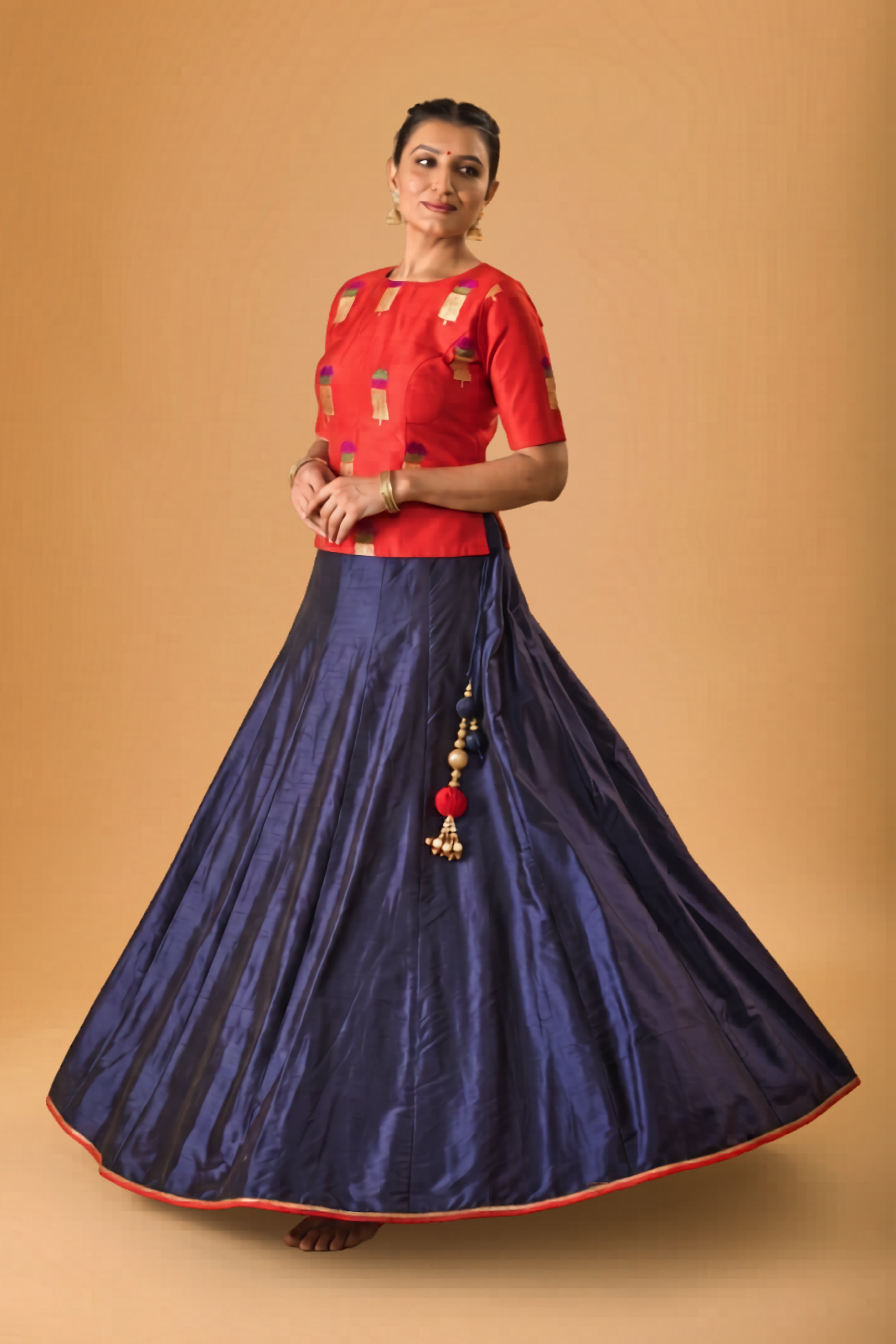 Crimson Red Silk Blouse & Navy Blue Lehenga Set