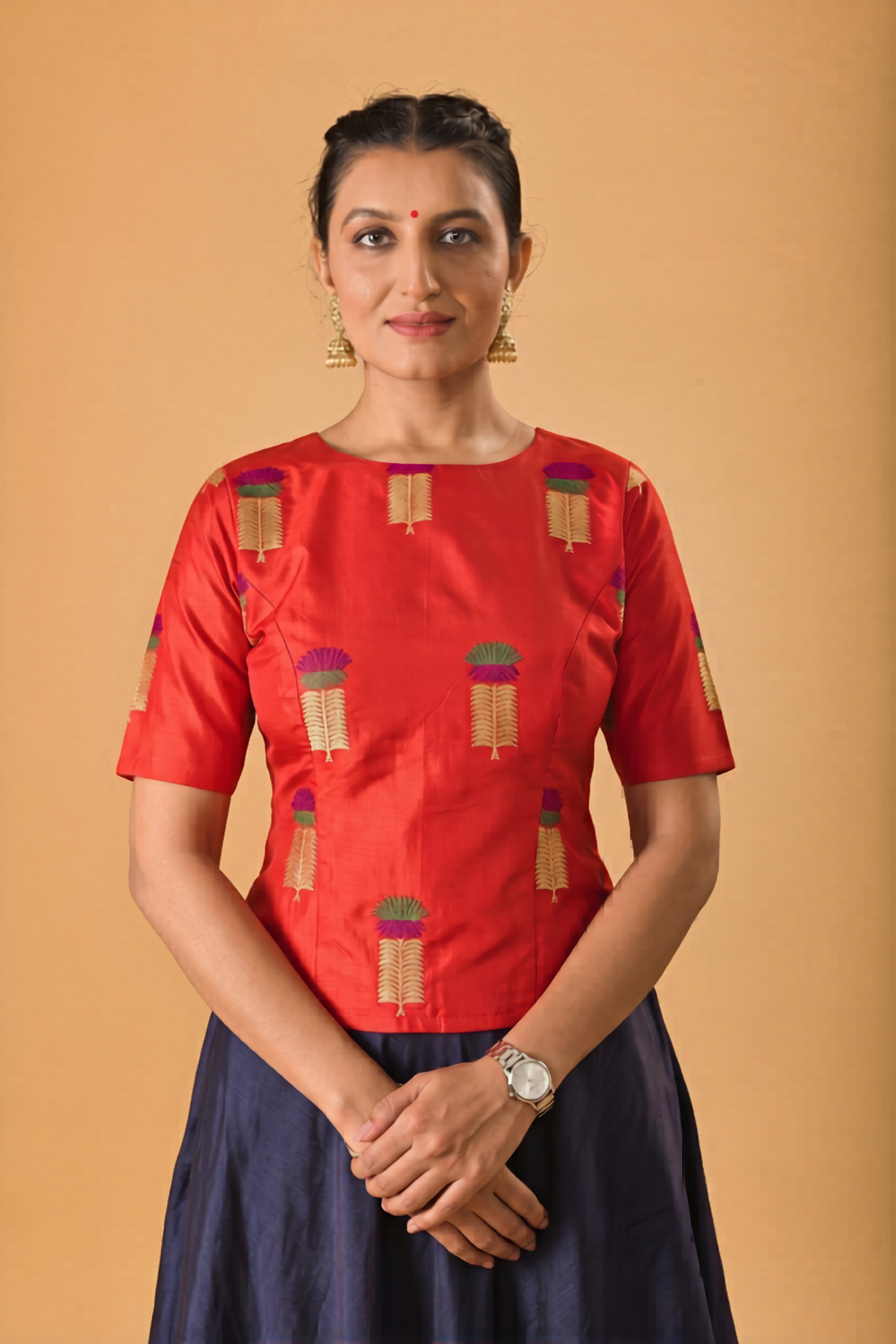 Crimson Red Silk Blouse & Navy Blue Lehenga Set