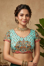 Turquoise Blue Peacock Motif Digital Print Crepe Blouse