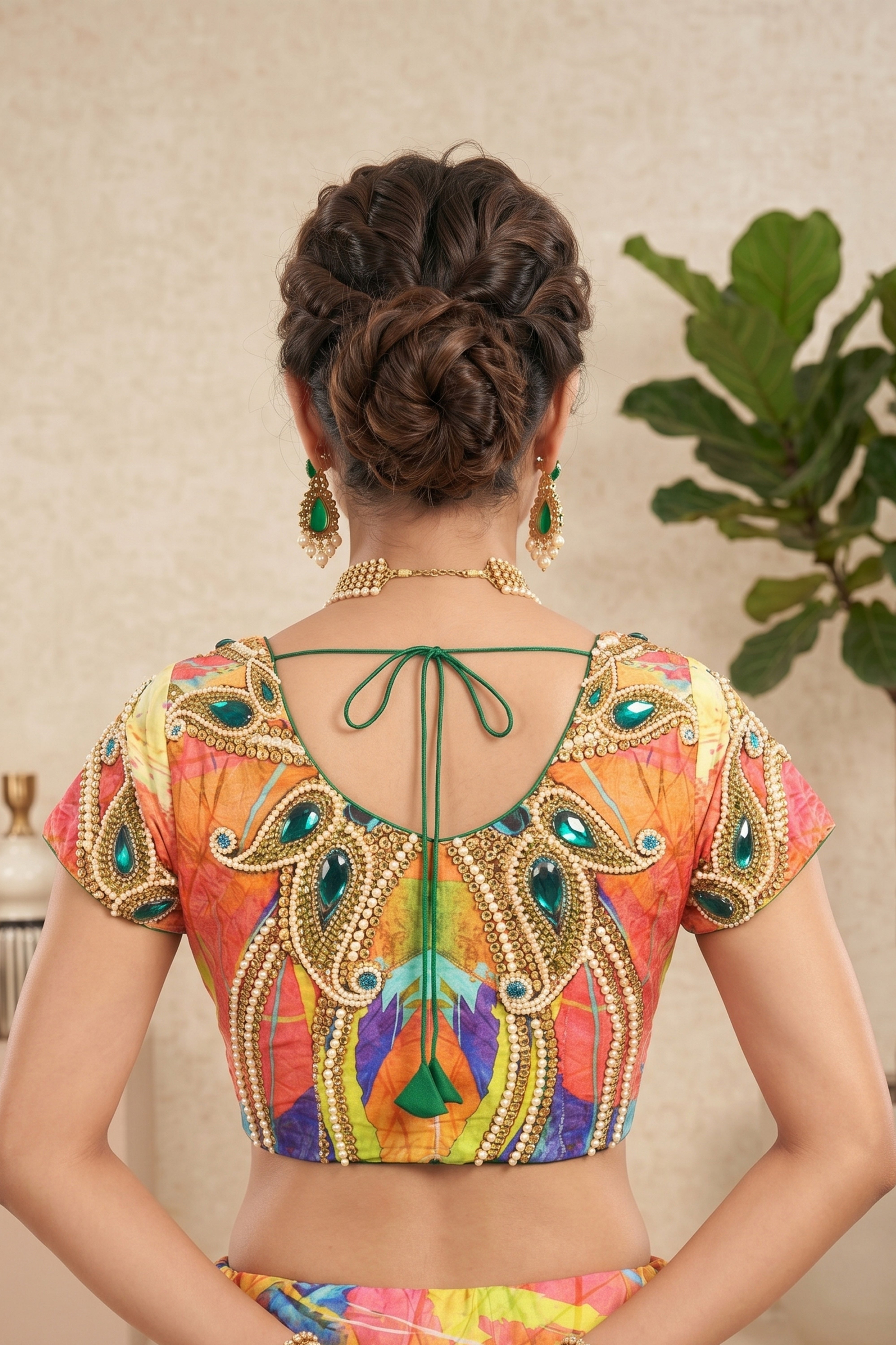 Vibrant Abstract Print Crepe Silk Blouse with Jewel Embellishments