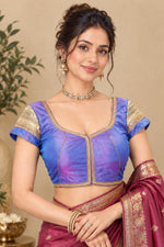 Royal Blue Silk Designer Blouse with Gold Border & Embellished Sleeves