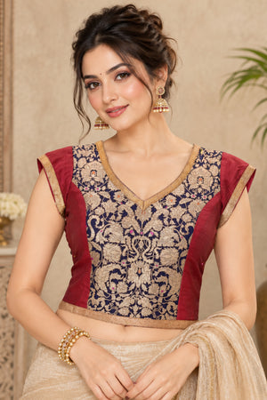 Maroon & Navy Blue Brocade Patchwork Designer Blouse